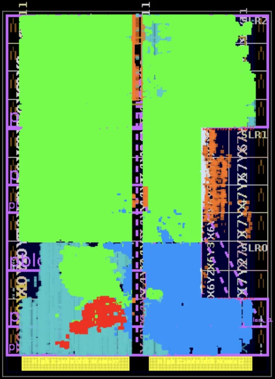 FPGA floorplan of the Tensorica core, placed on an AWS F2 FPGA